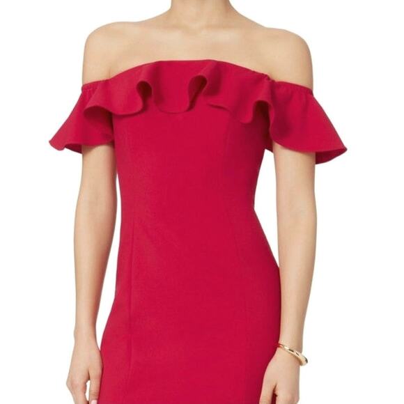 Jay Godfrey Off Shoulder Ruffle Red Midi Sheath Dress Size 4 Cocktail Formal - Picture 5 of 16